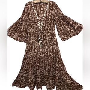 Zara Dress XS Brown Boho Prairie Coastal Hippie Real Seashells Drawstring Waist